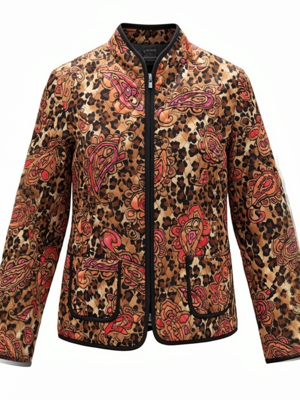 Requirements Leopard Print Paisley Quilted Jacket in Brown, Black & Pink